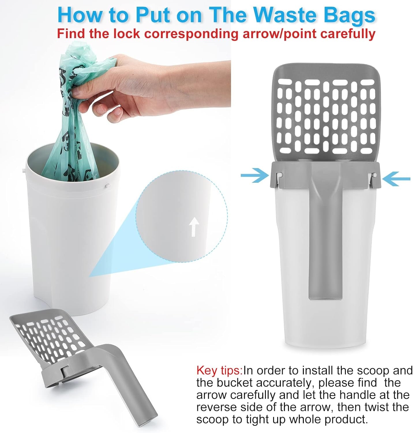 Cat Litter Scooper with Holder, Cat Litter Shovel with Waste Can and Refill 135 Bags(9 Boxes of 15 Bags), Large Capacity Cat Scooper Portable Shovel