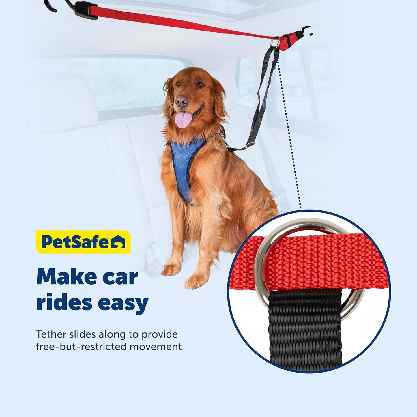 Happy Ride Dog Zipline - Secure Backseat Mobility Dog Travel Restraint - Decreases Driver Distraction - Adjustable Strap & Quick-Release Tether Clips - Tool-Free Installation