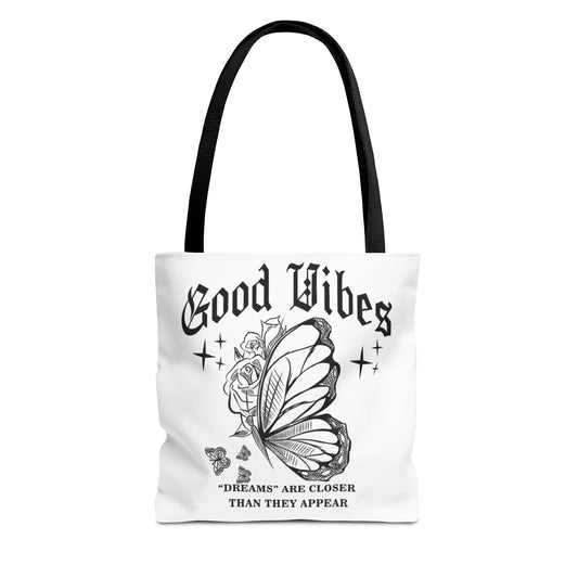 Good Vibes Butterfly Tote Bag - Inspirational AOP Shopping Bag