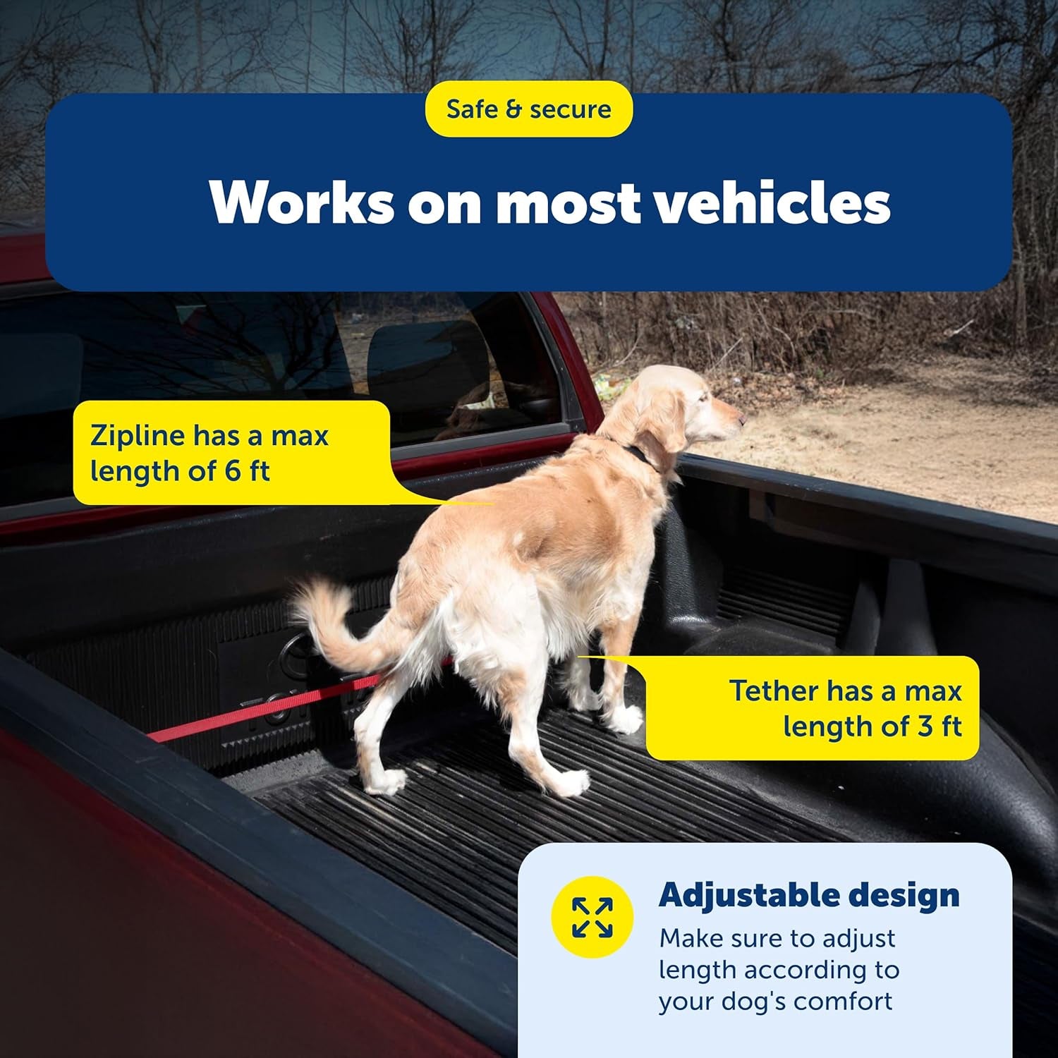 Happy Ride Dog Zipline - Secure Backseat Mobility Dog Travel Restraint - Decreases Driver Distraction - Adjustable Strap & Quick-Release Tether Clips - Tool-Free Installation