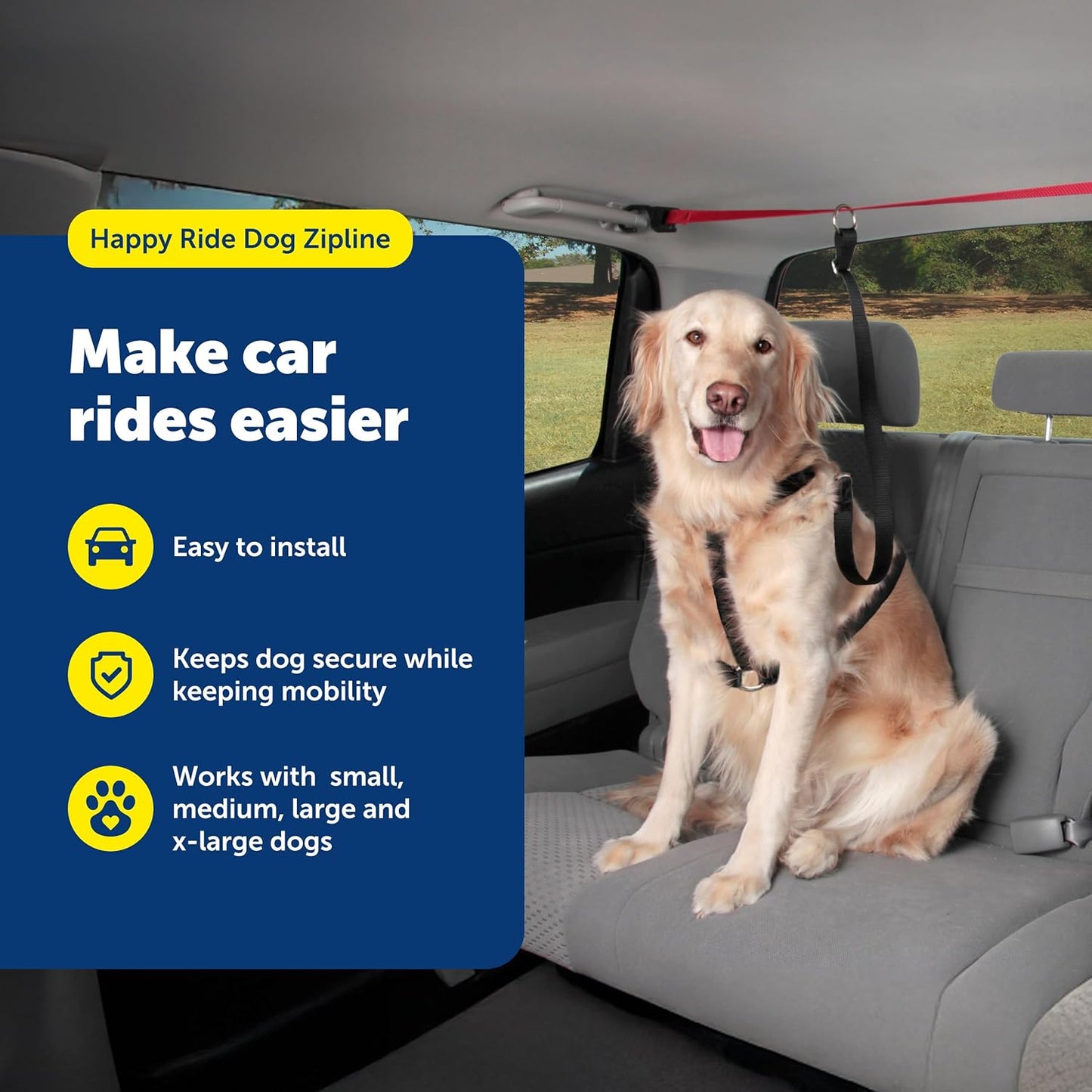 Happy Ride Dog Zipline - Secure Backseat Mobility Dog Travel Restraint - Decreases Driver Distraction - Adjustable Strap & Quick-Release Tether Clips - Tool-Free Installation