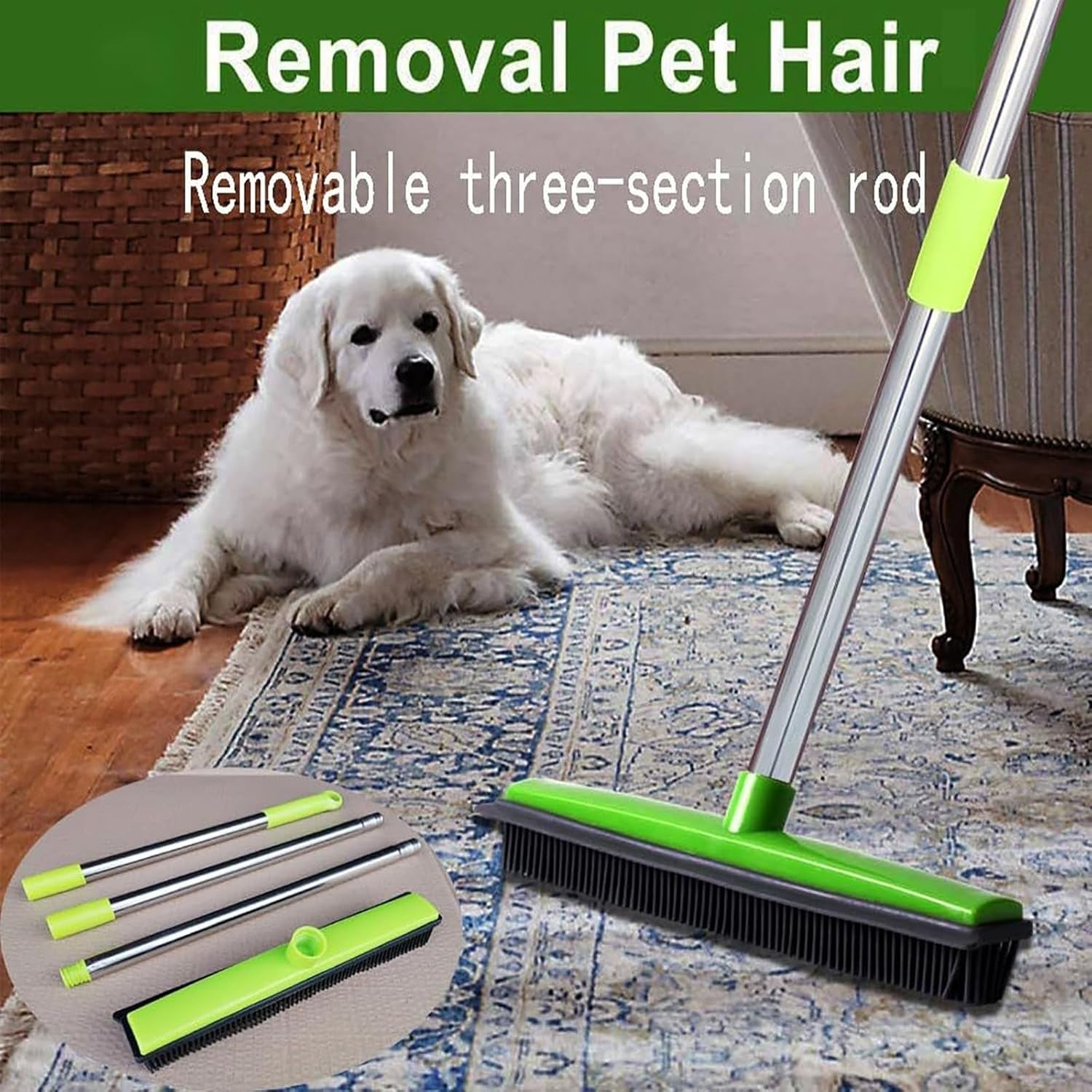 Carpet Rake for Pet Hair Removal, 49" Adjustable Long Handle Advanced Lint Remover Scraper Reusable Pet Hair Removal Tool Cat Dog Fur Rakes Scraper Carpet Broom for Carpets Rugs Mats Couch (Blue)