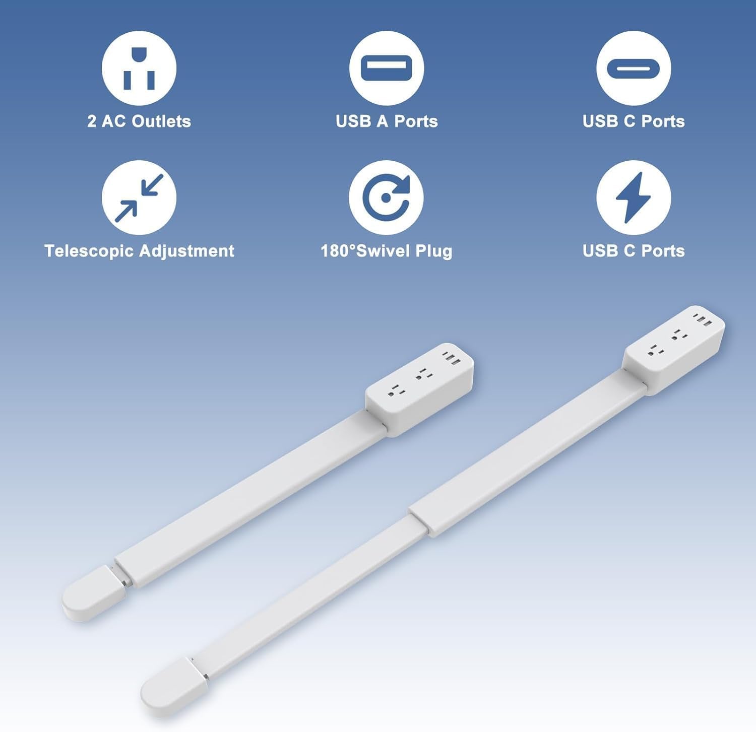Electrical Outlet Extender Stick - Features USB-A, USB-C and 2 AC Outlets, Extends 22"-34", Rotates 180° Access Hard-To-Reach Outlets, Wall Plug Power Socket Expander Nightstands, Sofa, Desks and More