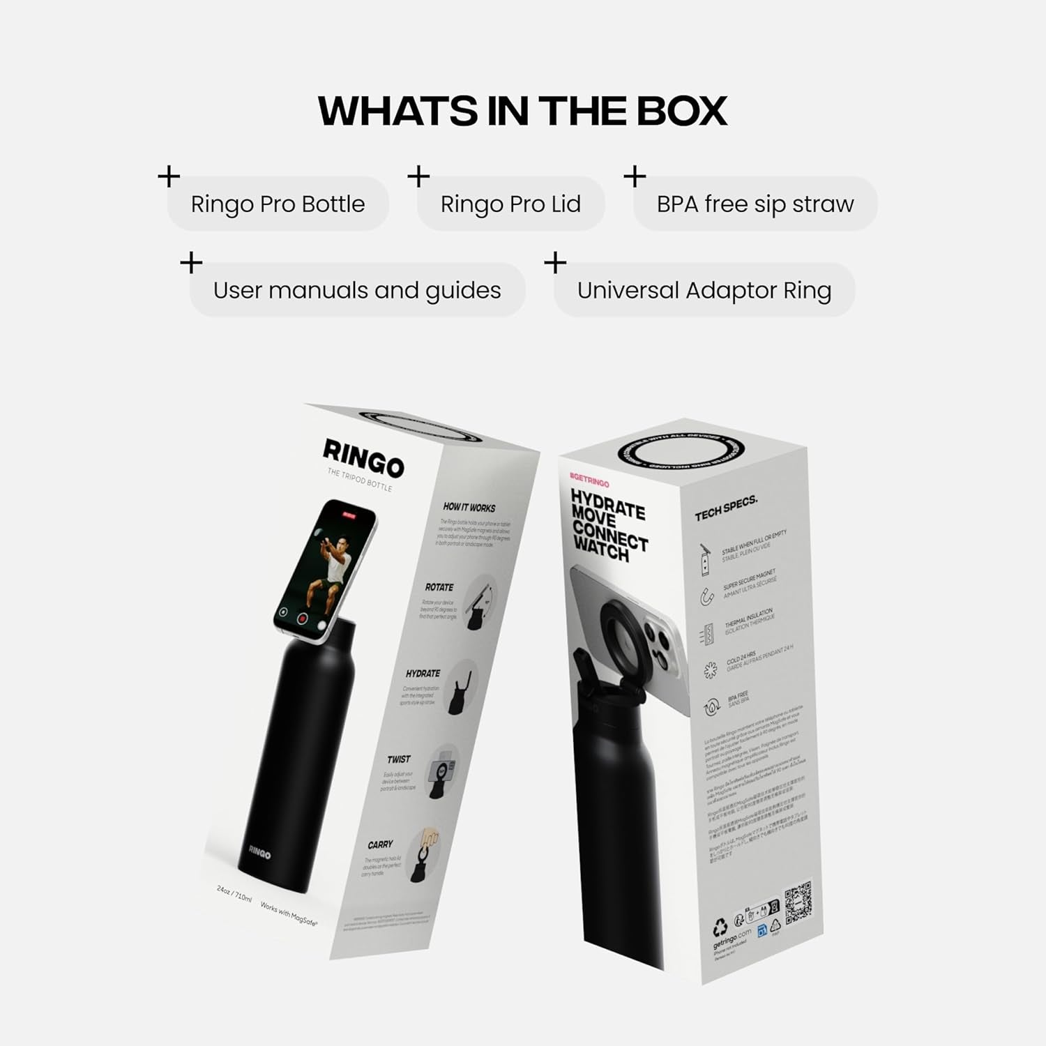 PRO Water Bottle with Magnetic Phone Mount & Sip Straw Lid - Insulated Stainless Steel Bottle for Workouts, Content Creation, Navigation & Facetime on the Go, 12Hrs Hot/24Hrs Cold Black-24Oz