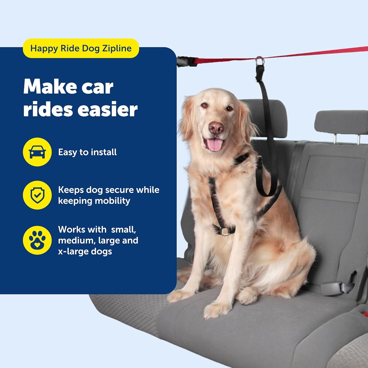 Happy Ride Dog Zipline - Secure Backseat Mobility Dog Travel Restraint - Decreases Driver Distraction - Adjustable Strap & Quick-Release Tether Clips - Tool-Free Installation