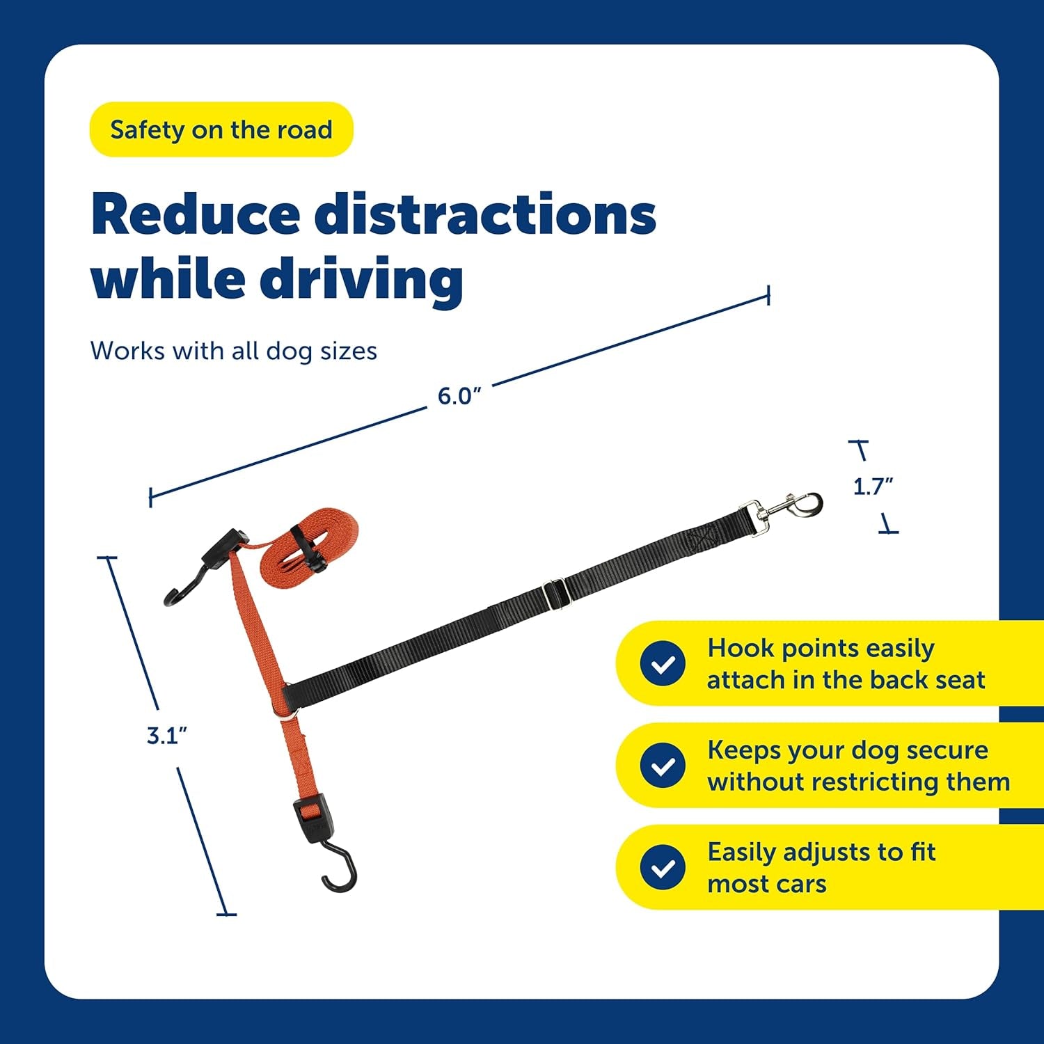 Happy Ride Dog Zipline - Secure Backseat Mobility Dog Travel Restraint - Decreases Driver Distraction - Adjustable Strap & Quick-Release Tether Clips - Tool-Free Installation