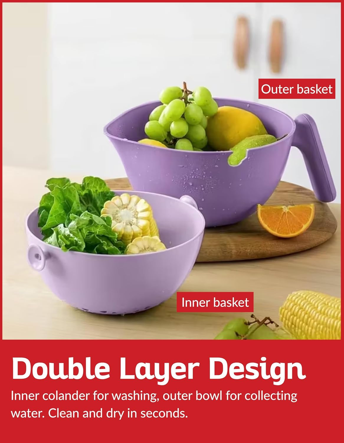 Multi Functional Draining Basket – Double Layer Colander & Bowl for Pasta, Fruits & Vegetables – Durable Bpa-Free, Dishwasher Safe - Purple.