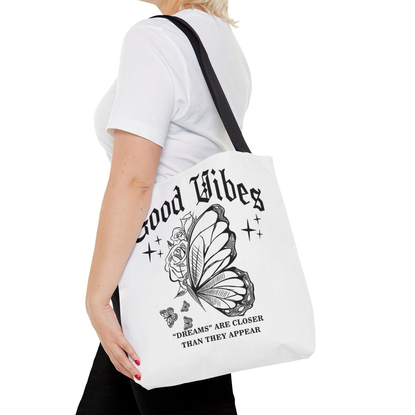 Good Vibes Butterfly Tote Bag - Inspirational AOP Shopping Bag