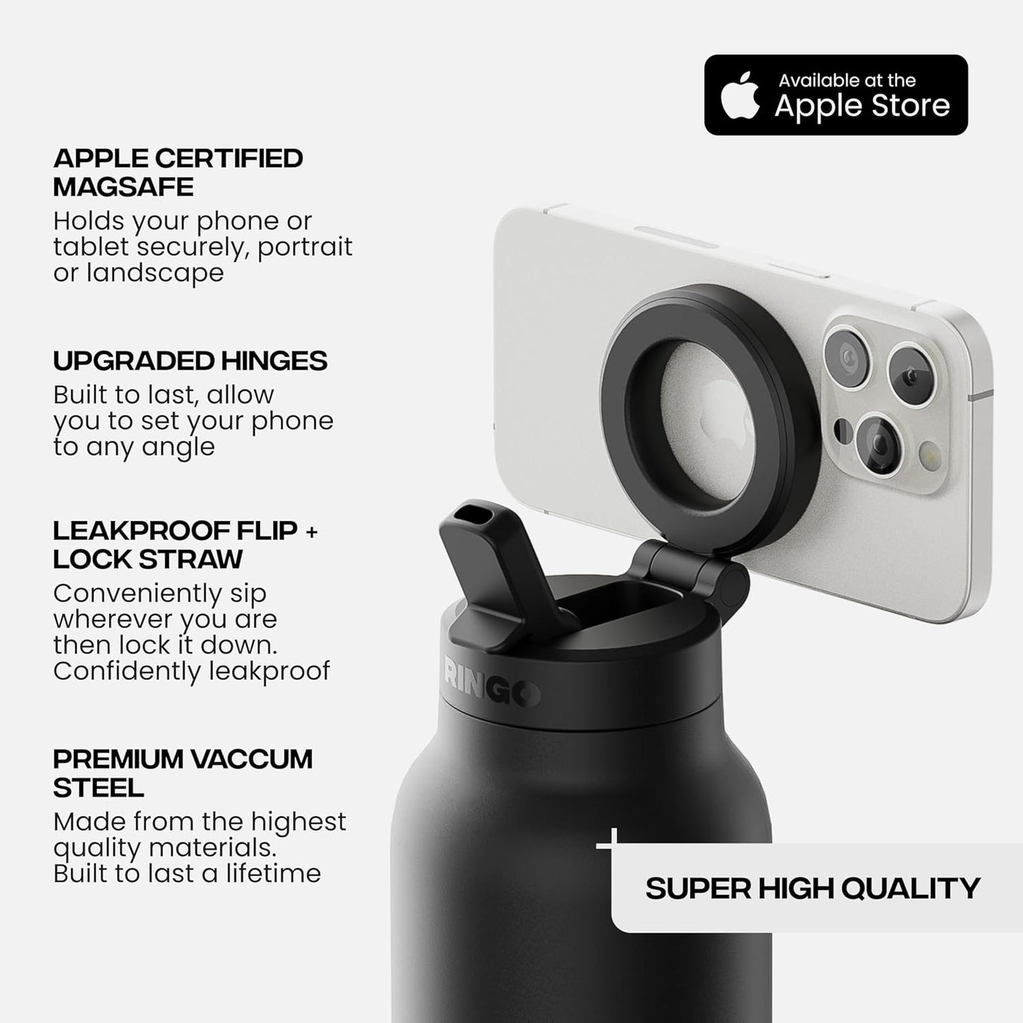 PRO Water Bottle with Magnetic Phone Mount & Sip Straw Lid - Insulated Stainless Steel Bottle for Workouts, Content Creation, Navigation & Facetime on the Go, 12Hrs Hot/24Hrs Cold Black-24Oz
