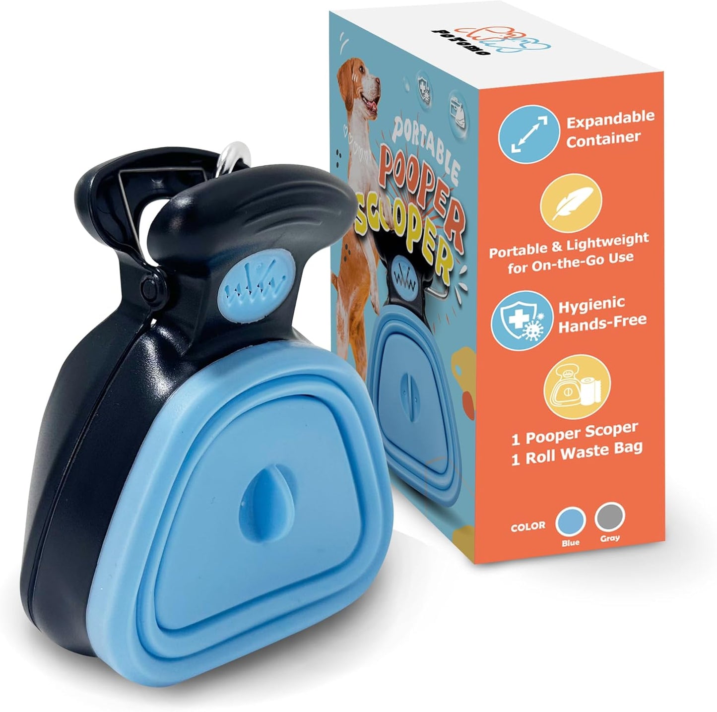 Dog Pooper Scooper – Hands-Free Poop Scooper with Bag Attachment, One-Handed Operation & Built-In Dispenser – Portable Clip-On Pooper Scooper for Small & Medium Dogs (Gray)