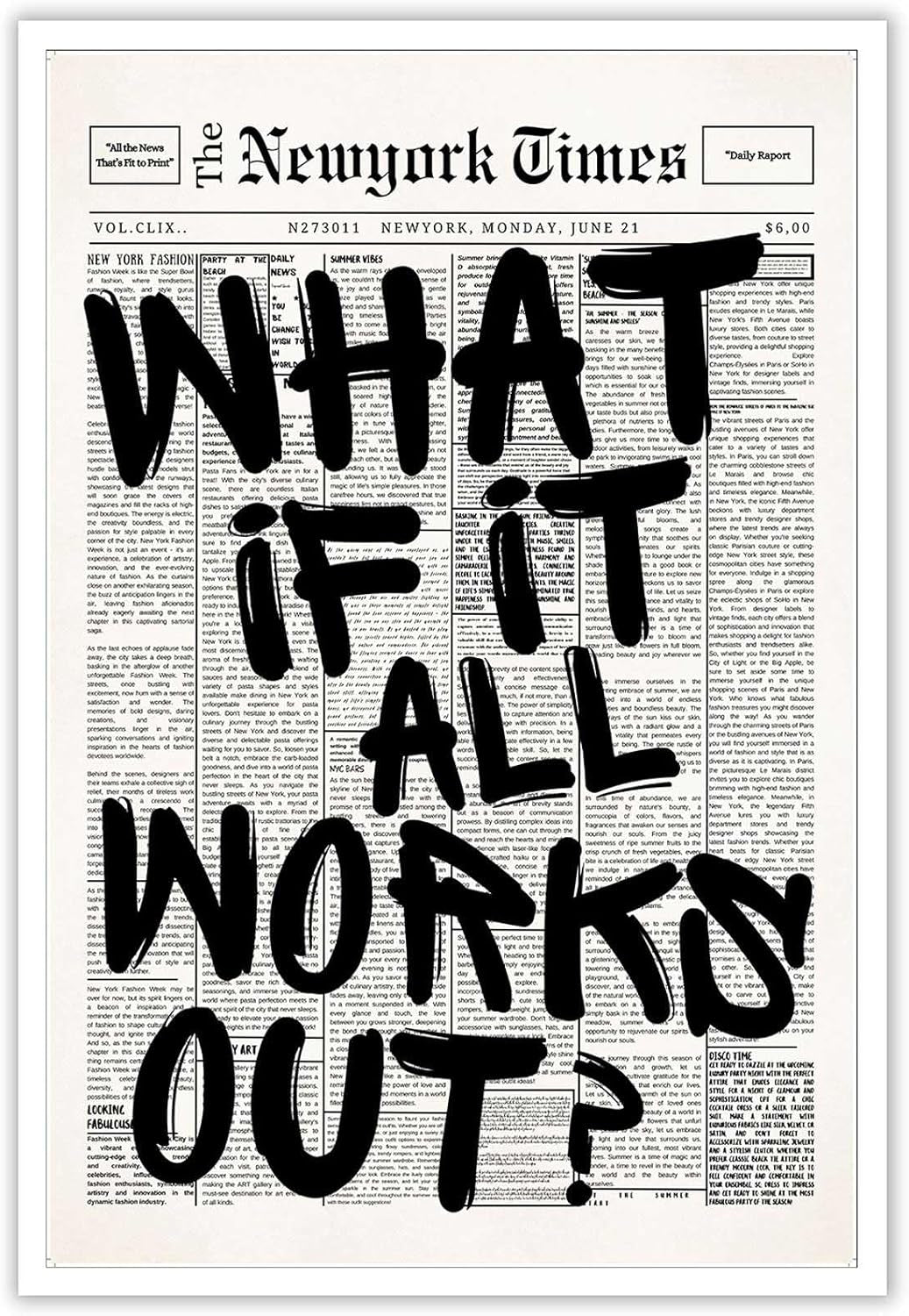 Retro Black and White Newspaper Poster What If It All Works Out Canvas Wall Art Positive Affirming Quote Minimalist Prints Painting for Home Bedroom Dorm Wall Decor 24X36In Unframed