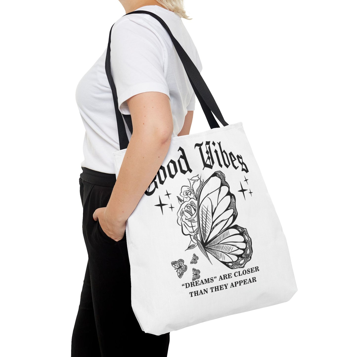 Good Vibes Butterfly Tote Bag - Inspirational AOP Shopping Bag