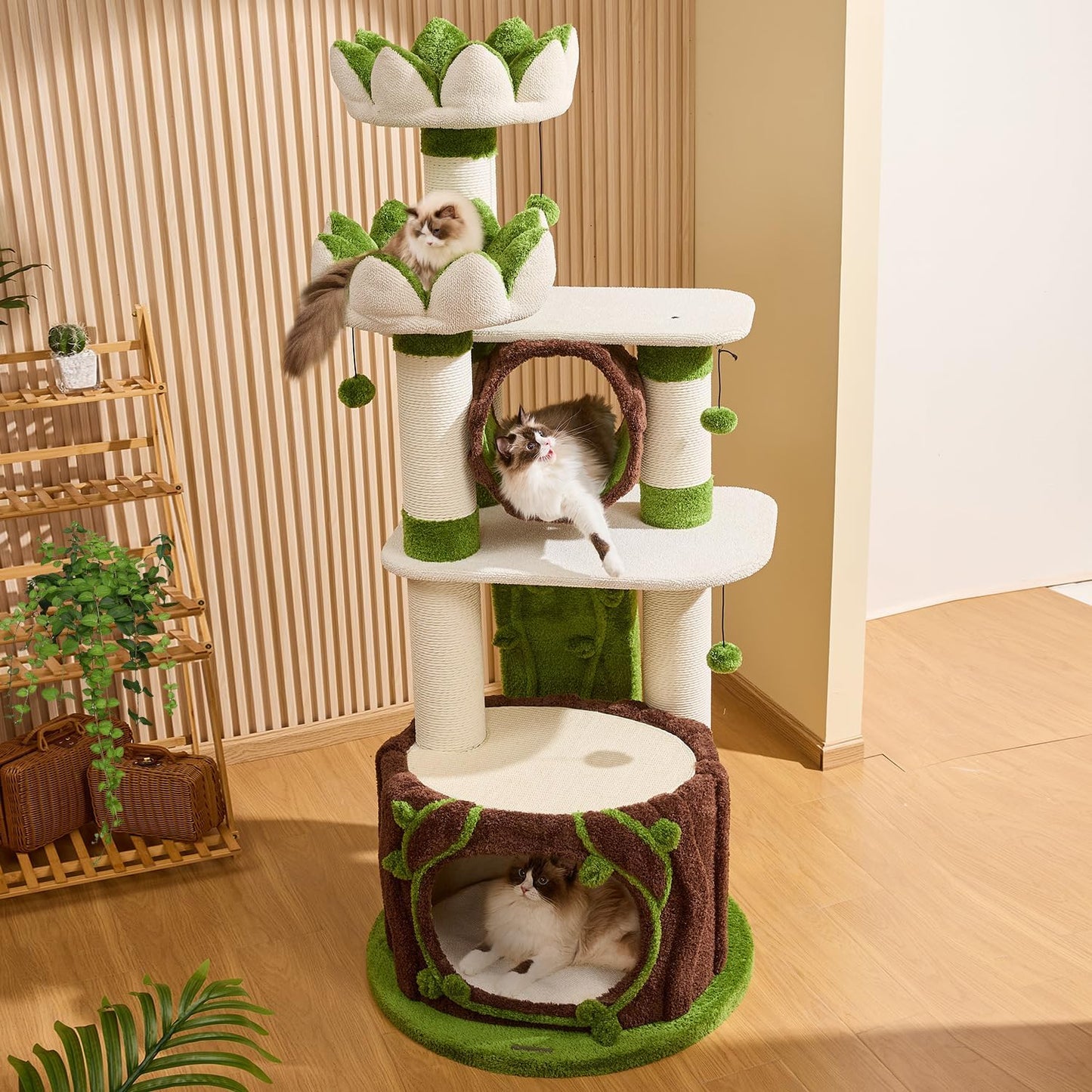 Luxury Treehouse Cat Tree for Indoor Large Cats,54.7'' Tall Modern Wood Cat Tower with 3 Level House,4*Cozy Perch,1*Soft Viewing Bed,Heavy Duty Wide Base,Sisal Scratching Post (54.7Inch)