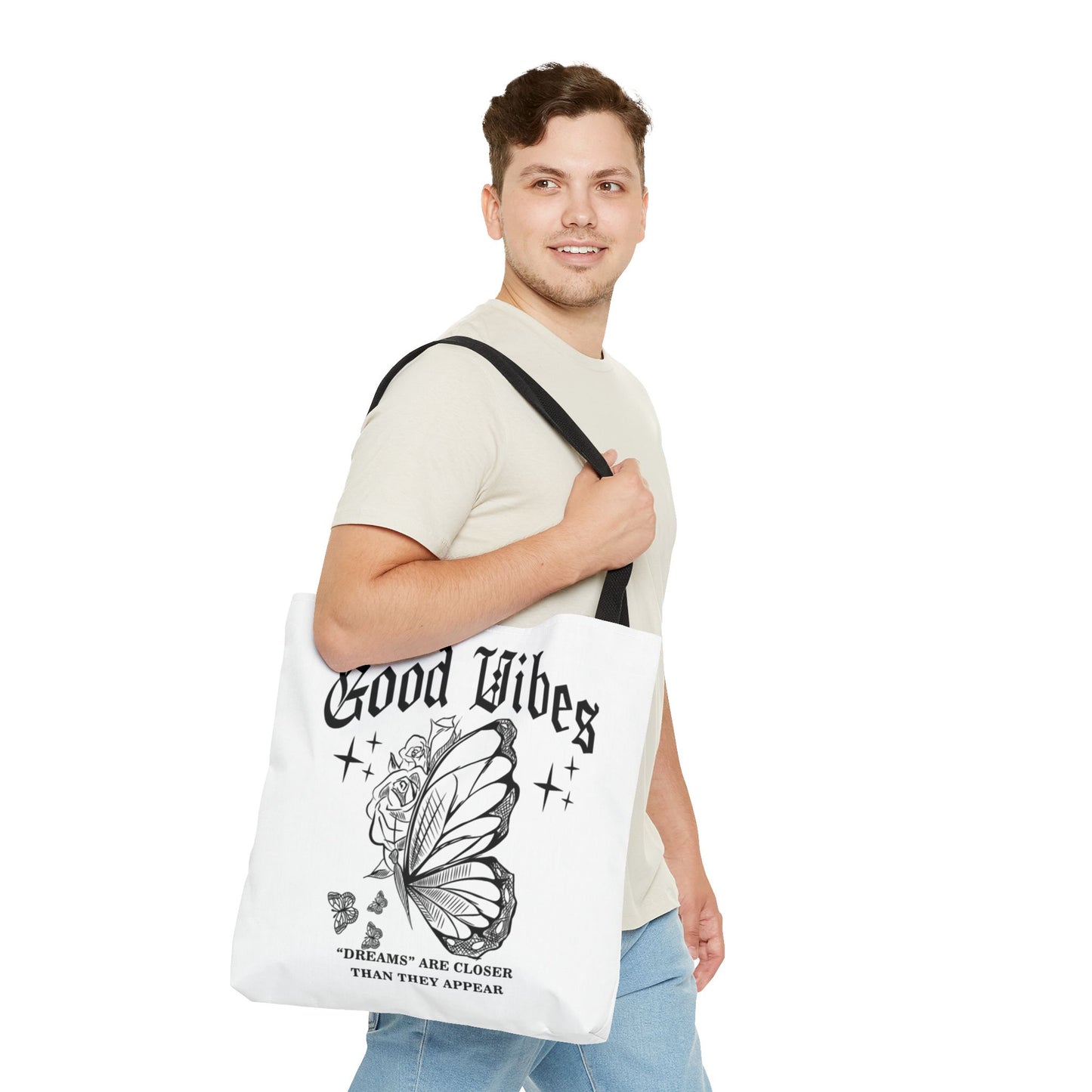 Good Vibes Butterfly Tote Bag - Inspirational AOP Shopping Bag