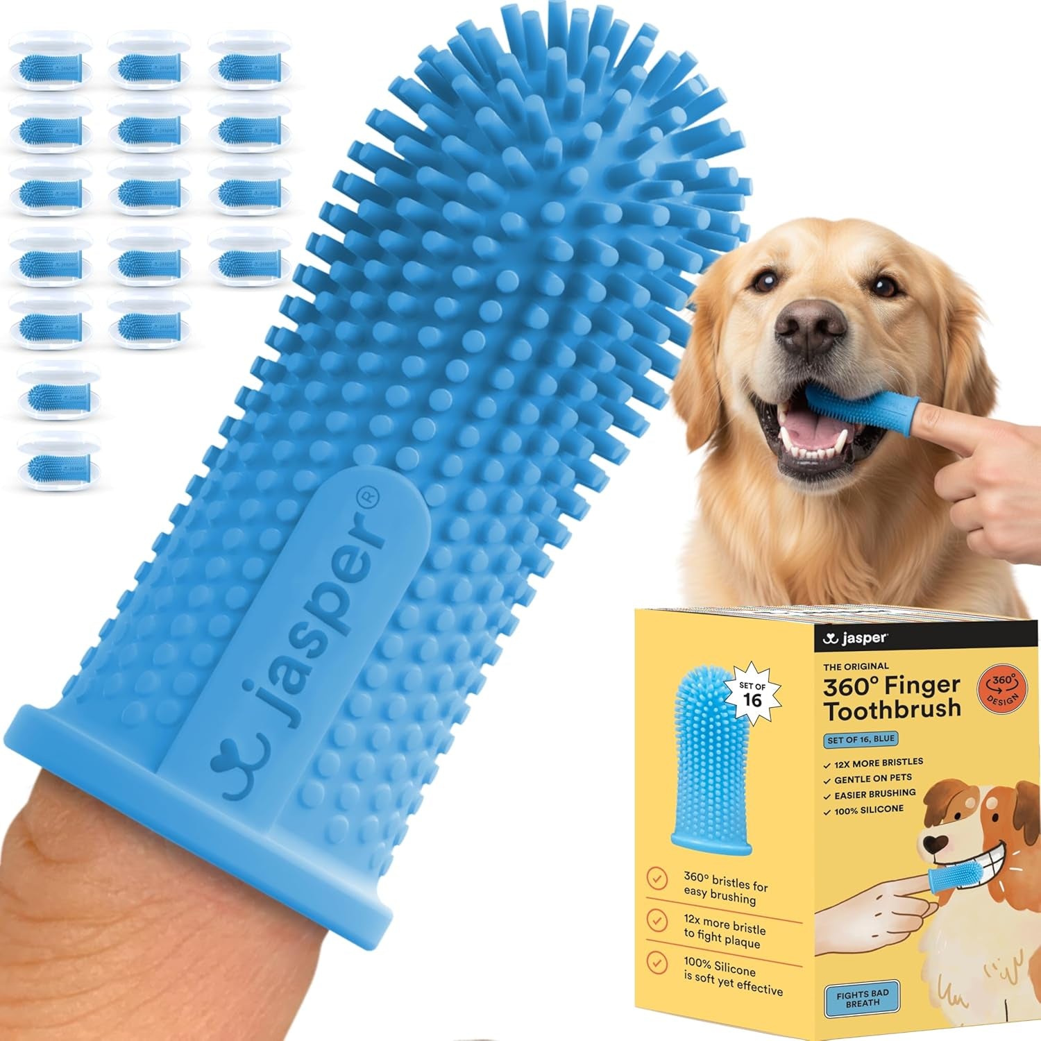 Dog Toothbrush, 360 Degree Pet Tooth Brushing Kit, Cat Toothbrush, Canine Dental Care & Teeth Cleaning Kit, Pet Finger Tooth Brush, Use with Dog Toothpaste, 16-Pack Blue