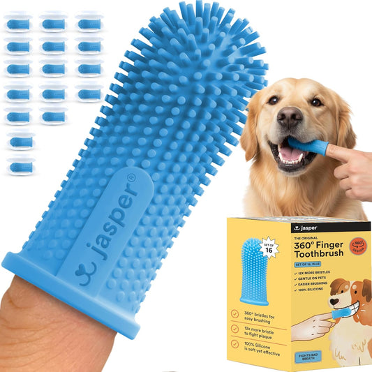 Dog Toothbrush, 360 Degree Pet Tooth Brushing Kit, Cat Toothbrush, Canine Dental Care & Teeth Cleaning Kit, Pet Finger Tooth Brush, Use with Dog Toothpaste, 16-Pack Blue