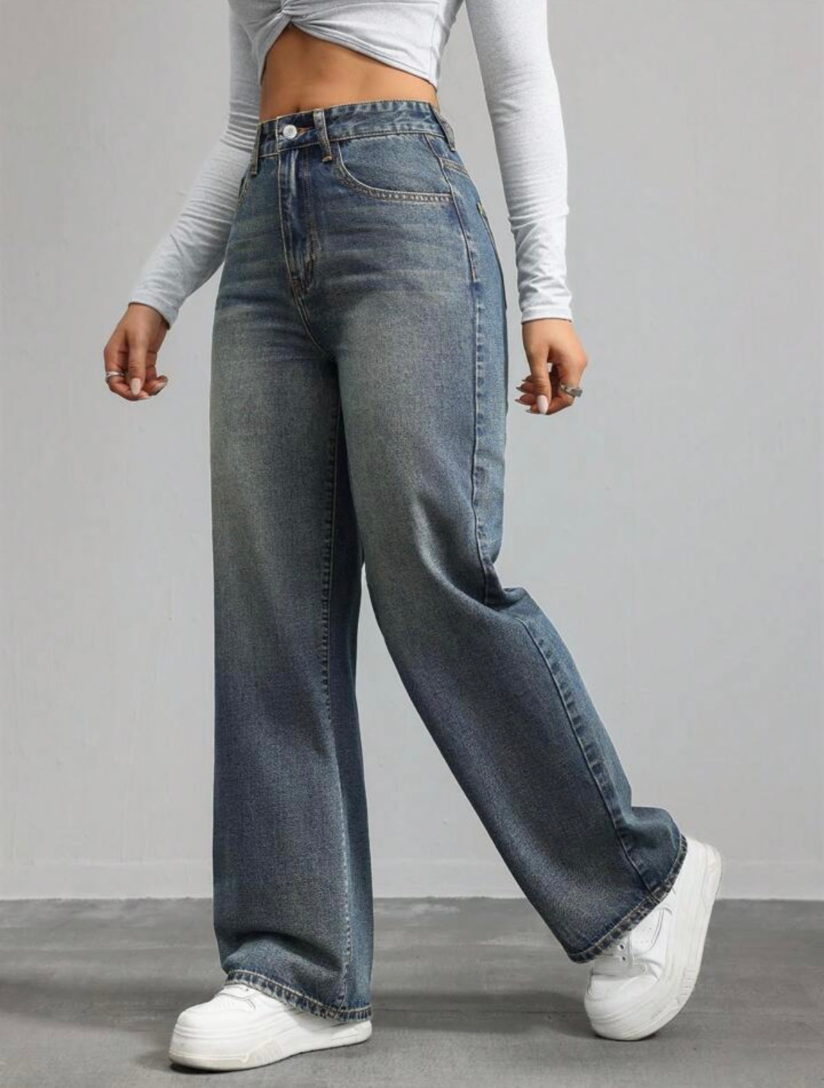 Casual Washed Retro Mid-Waist Straight Leg Jeans