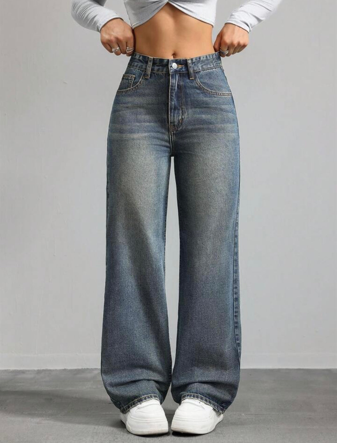 Casual Washed Retro Mid-Waist Straight Leg Jeans