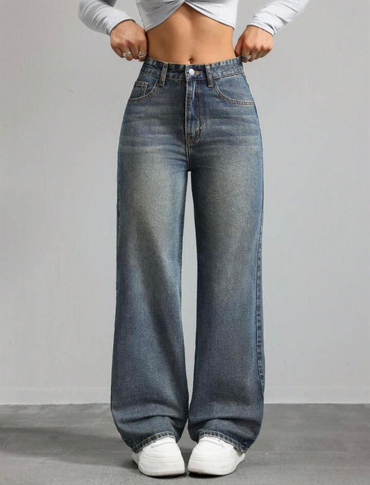 Casual Washed Retro Mid-Waist Straight Leg Jeans