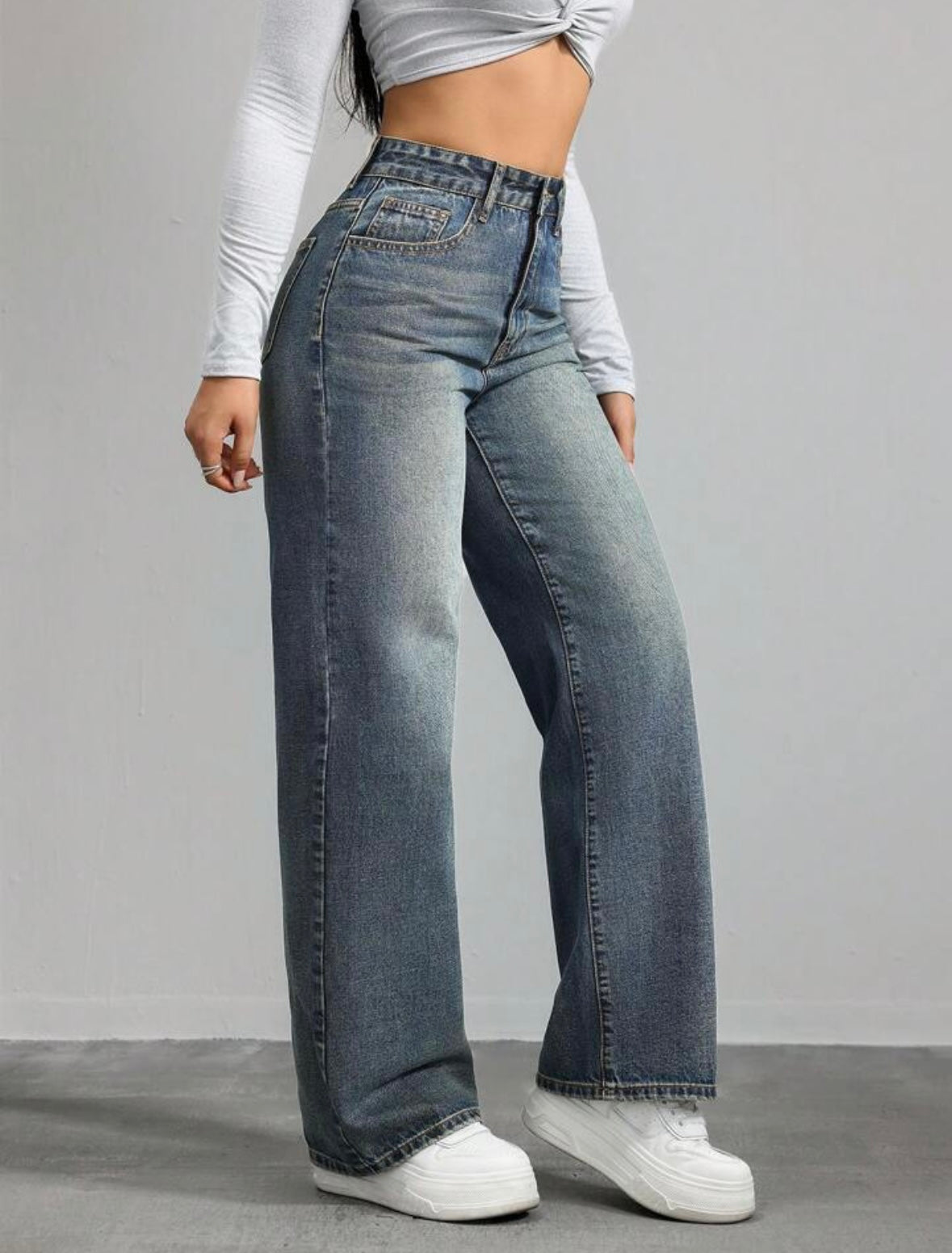 Casual Washed Retro Mid-Waist Straight Leg Jeans