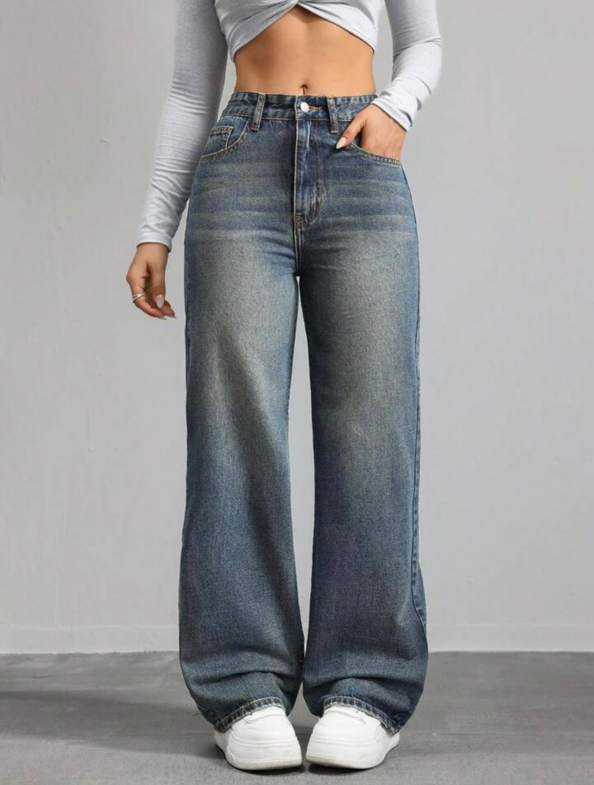Casual Washed Retro Mid-Waist Straight Leg Jeans