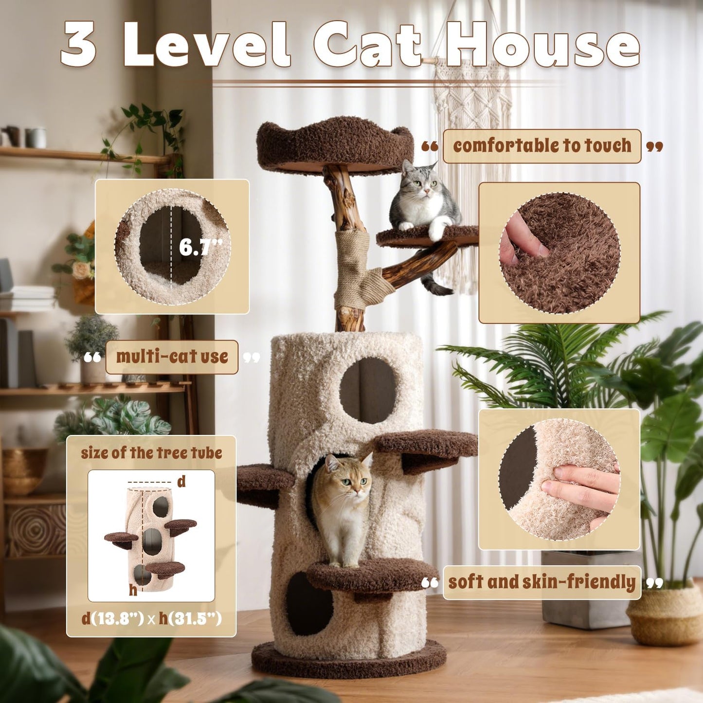 Luxury Treehouse Cat Tree for Indoor Large Cats,54.7'' Tall Modern Wood Cat Tower with 3 Level House,4*Cozy Perch,1*Soft Viewing Bed,Heavy Duty Wide Base,Sisal Scratching Post (54.7Inch)
