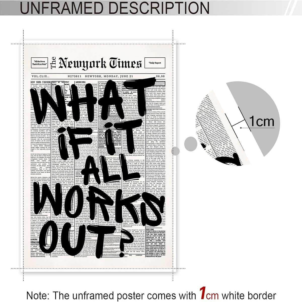 Retro Black and White Newspaper Poster What If It All Works Out Canvas Wall Art Positive Affirming Quote Minimalist Prints Painting for Home Bedroom Dorm Wall Decor 24X36In Unframed