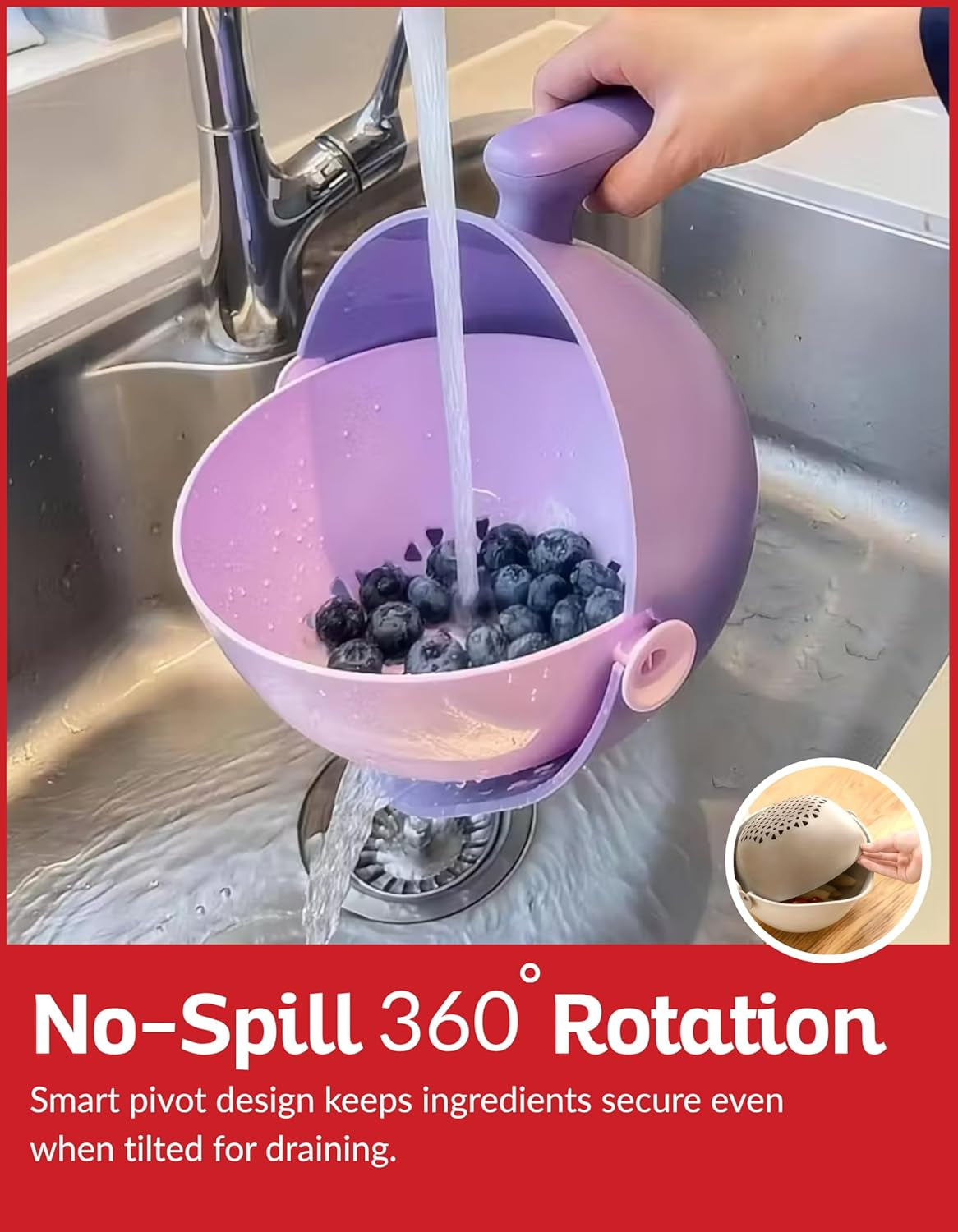 Multi Functional Draining Basket – Double Layer Colander & Bowl for Pasta, Fruits & Vegetables – Durable Bpa-Free, Dishwasher Safe - Purple.