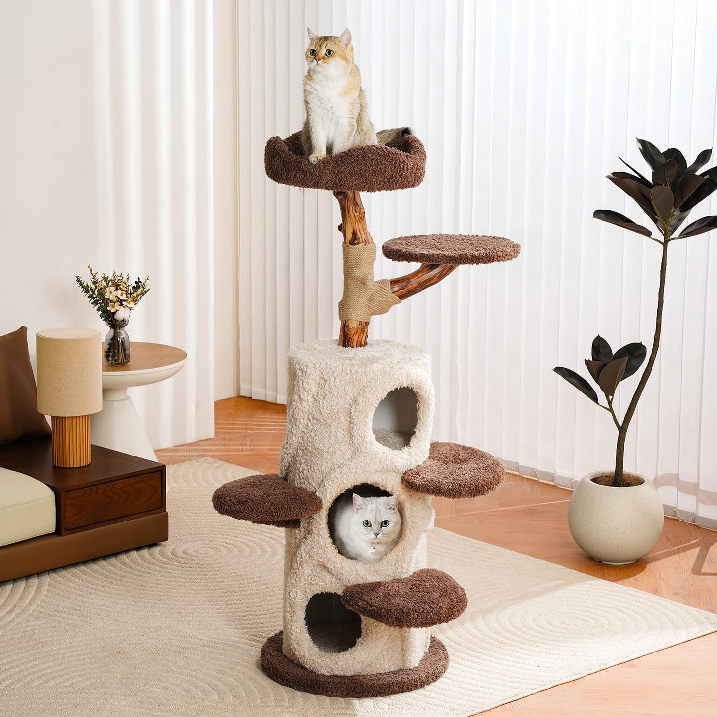 Luxury Treehouse Cat Tree for Indoor Large Cats,54.7'' Tall Modern Wood Cat Tower with 3 Level House,4*Cozy Perch,1*Soft Viewing Bed,Heavy Duty Wide Base,Sisal Scratching Post (54.7Inch)