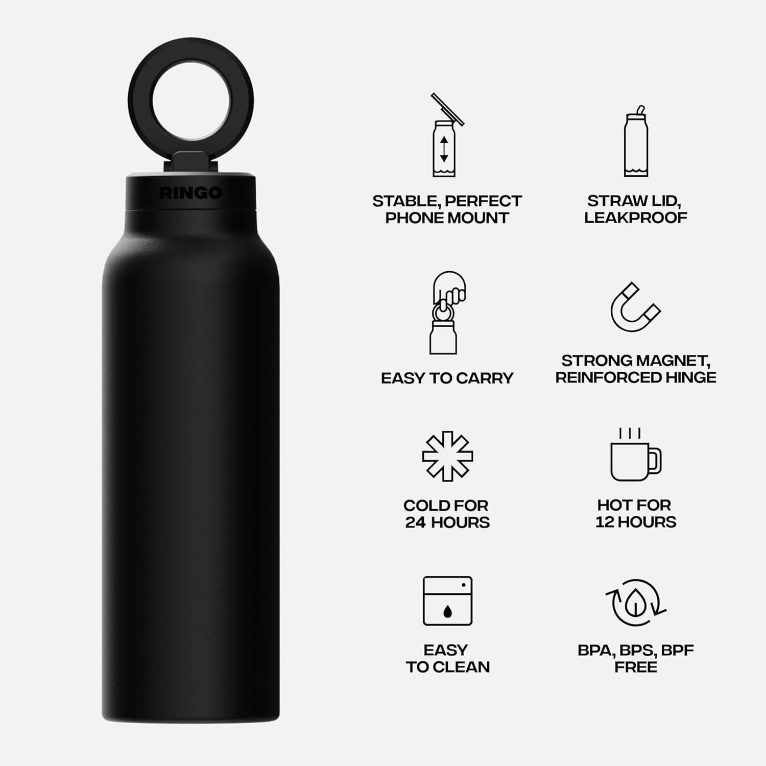 PRO Water Bottle with Magnetic Phone Mount & Sip Straw Lid - Insulated Stainless Steel Bottle for Workouts, Content Creation, Navigation & Facetime on the Go, 12Hrs Hot/24Hrs Cold Black-24Oz