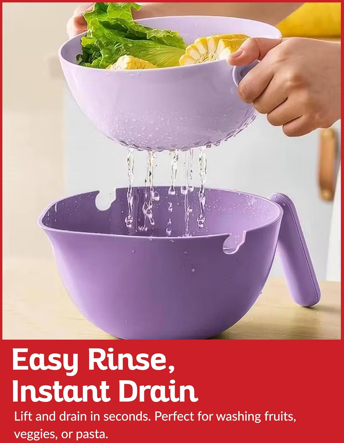 Multi Functional Draining Basket – Double Layer Colander & Bowl for Pasta, Fruits & Vegetables – Durable Bpa-Free, Dishwasher Safe - Purple.