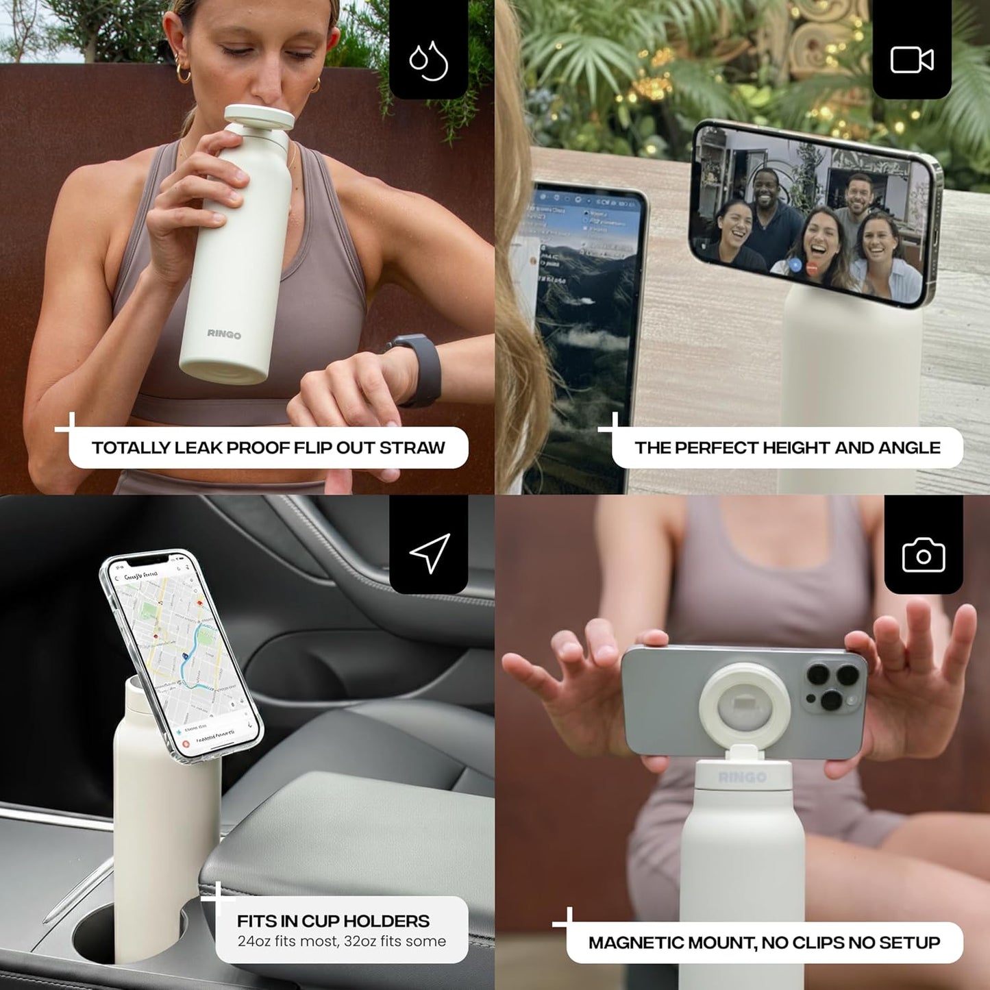 PRO Water Bottle with Magnetic Phone Mount & Sip Straw Lid - Insulated Stainless Steel Bottle for Workouts, Content Creation, Navigation & Facetime on the Go, 12Hrs Hot/24Hrs Cold Black-24Oz