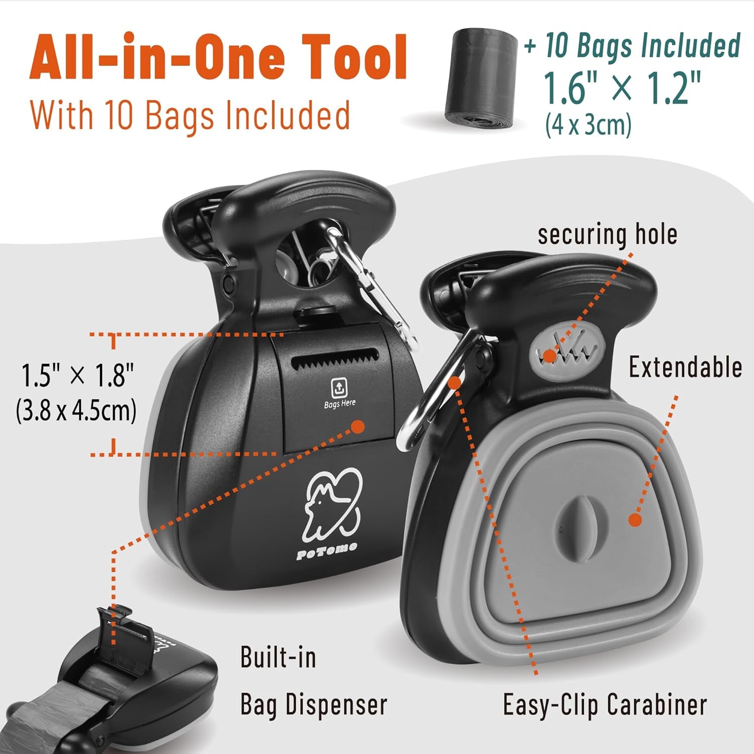Dog Pooper Scooper – Hands-Free Poop Scooper with Bag Attachment, One-Handed Operation & Built-In Dispenser – Portable Clip-On Pooper Scooper for Small & Medium Dogs (Gray)