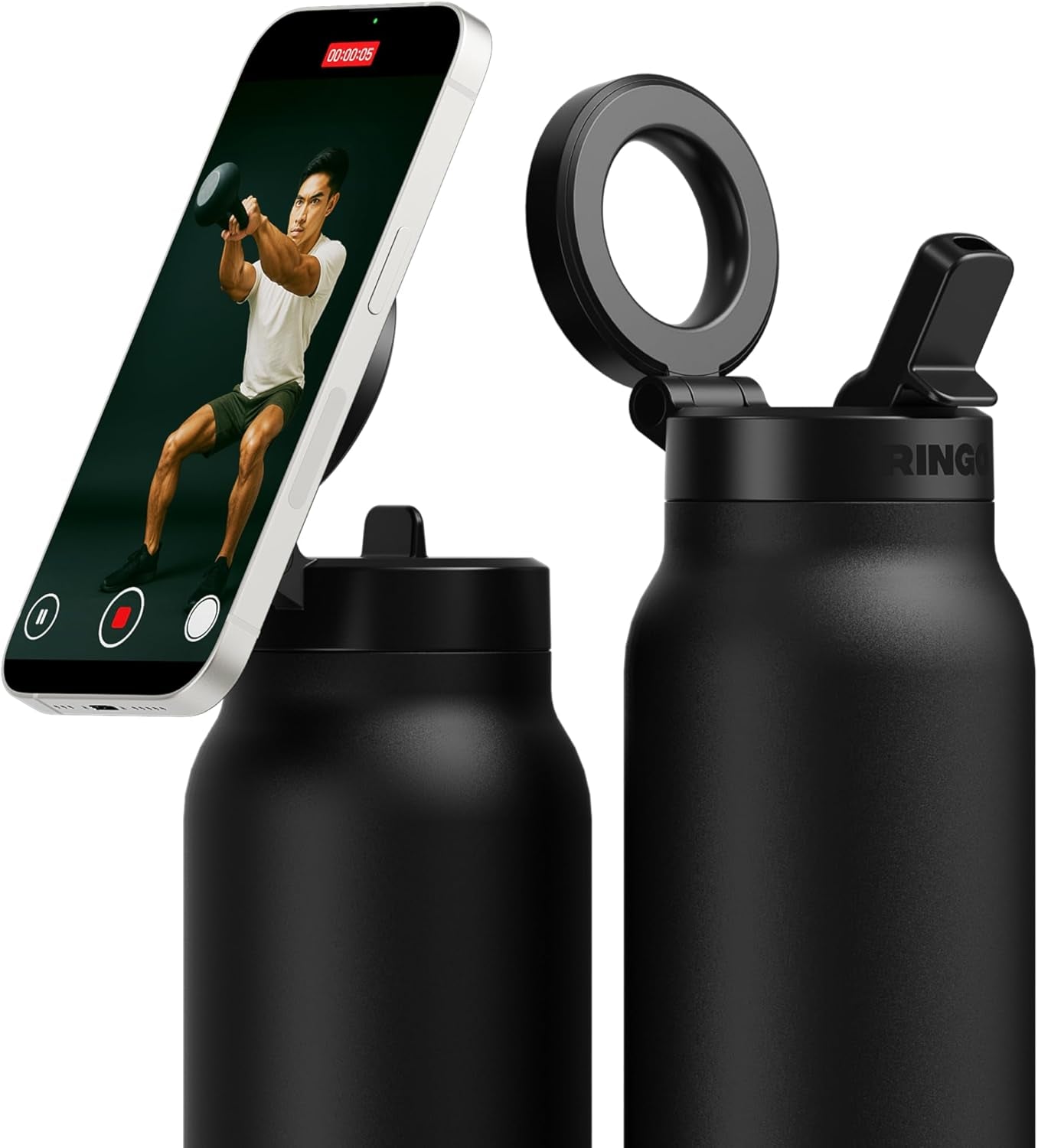 PRO Water Bottle with Magnetic Phone Mount & Sip Straw Lid - Insulated Stainless Steel Bottle for Workouts, Content Creation, Navigation & Facetime on the Go, 12Hrs Hot/24Hrs Cold Black-24Oz