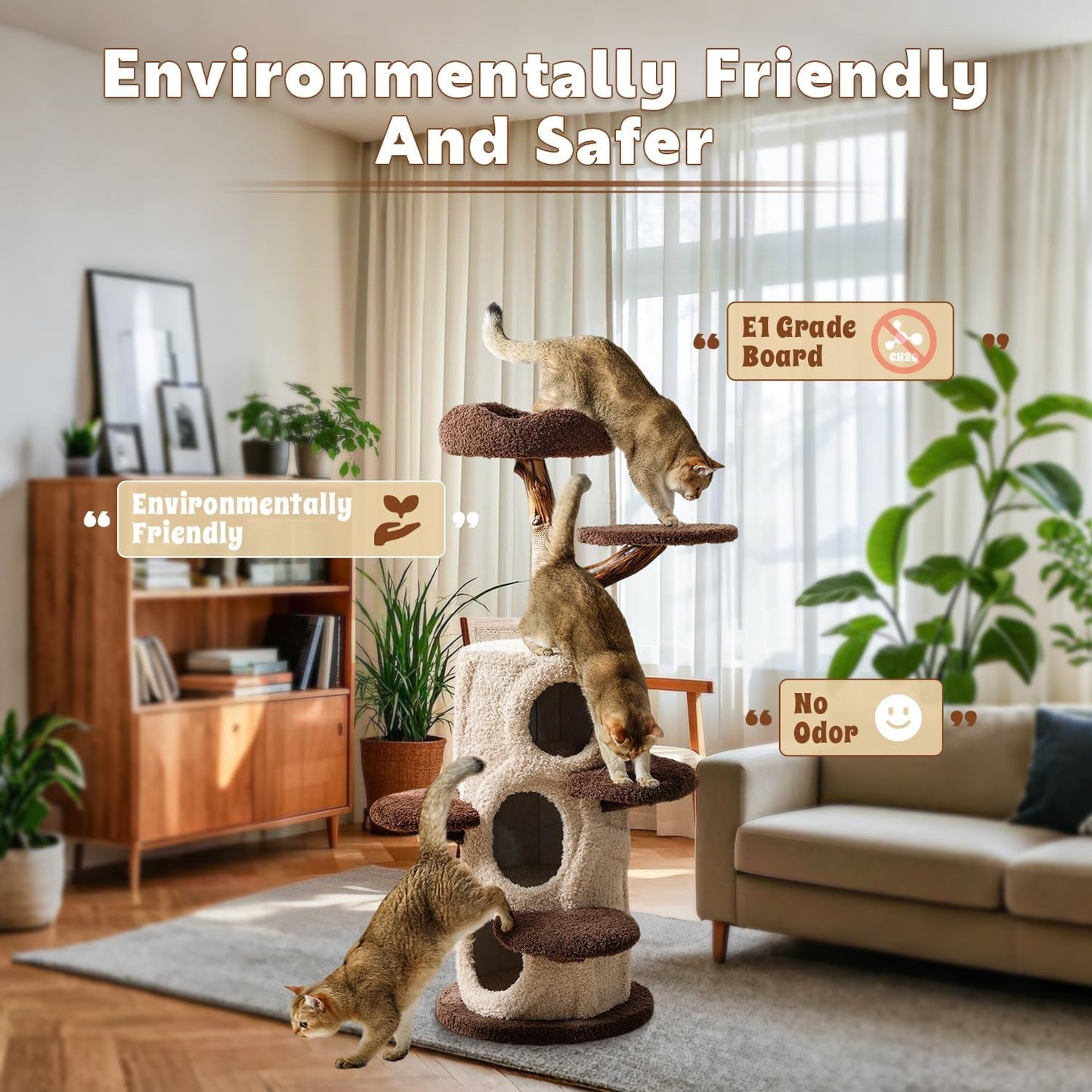 Luxury Treehouse Cat Tree for Indoor Large Cats,54.7'' Tall Modern Wood Cat Tower with 3 Level House,4*Cozy Perch,1*Soft Viewing Bed,Heavy Duty Wide Base,Sisal Scratching Post (54.7Inch)