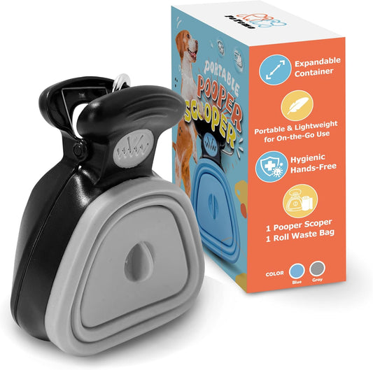 Dog Pooper Scooper – Hands-Free Poop Scooper with Bag Attachment, One-Handed Operation & Built-In Dispenser – Portable Clip-On Pooper Scooper for Small & Medium Dogs (Gray)
