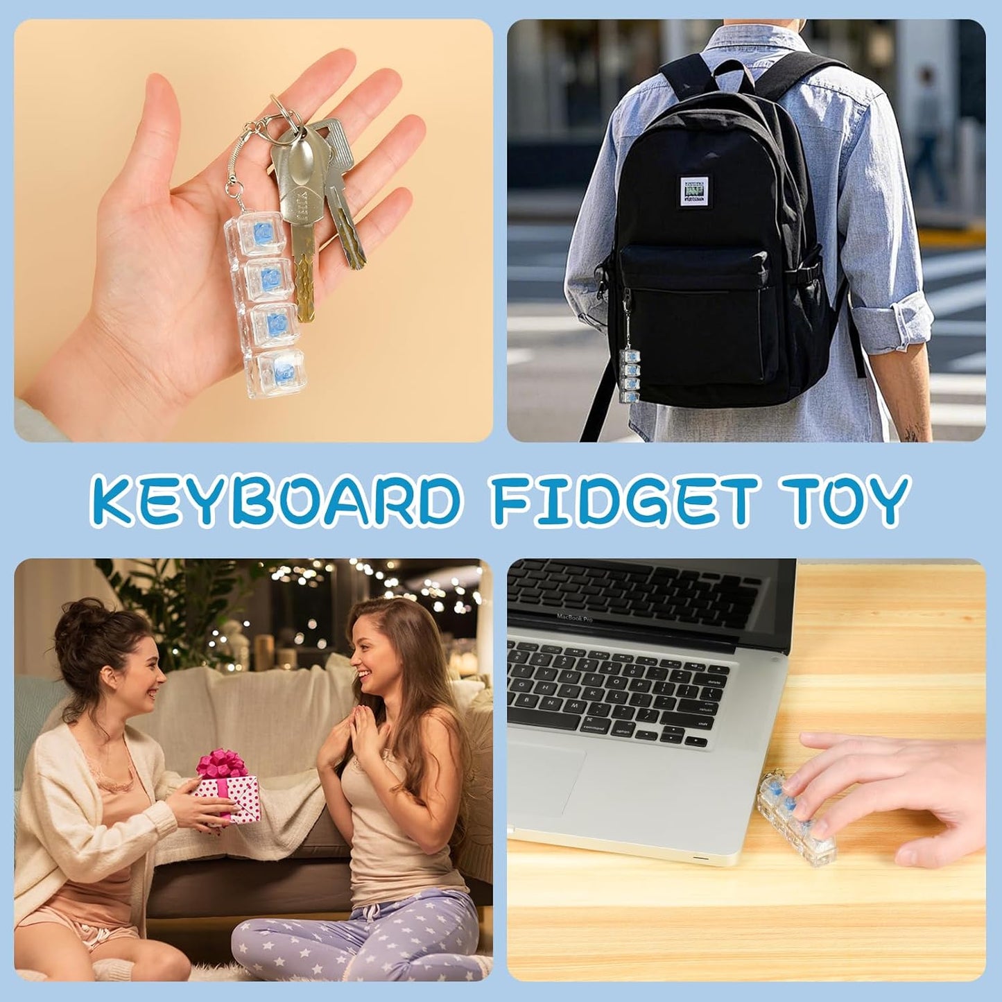 2 Pcs Keyboard Fidget Toy Light Up, Loud Fidget Keyboard Clicker, Keychain 4-In-1 with Cat Keycaps, for Adult to Relief Stress