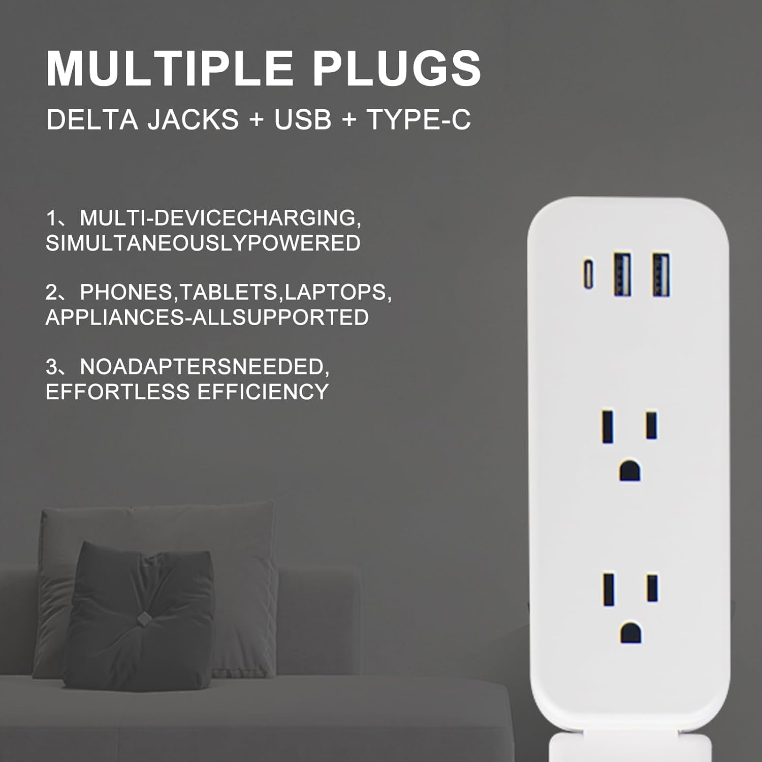 Electrical Outlet Extender Stick - Features USB-A, USB-C and 2 AC Outlets, Extends 22"-34", Rotates 180° Access Hard-To-Reach Outlets, Wall Plug Power Socket Expander Nightstands, Sofa, Desks and More